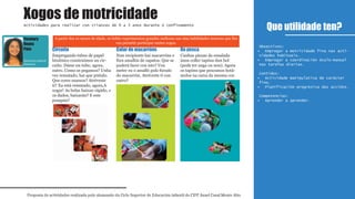 Circuíto
Empregando tubos de papel
hixiénico construímos un cir-
cuíto. Dáme un tubo; agora,
outro. Como os pegamos? Unha
vez rematado, hai que pintalo.
Que cores usamos? Atréveste
ti? Xa está rematado, agora,A
xogar! As bolas baixan rápido, e
os dados, baixarán? E este
pompón?
Colar de macarróns
Nun recipiente hai macarróns e
fóra amallós de zapatos. Que se
poderá facer con isto? Vou
meter eu o amalló polo furado
do macarrón. Atréveste ti con
outro?
De pesca
Cunhas pinzas da ensalada
imos coller tapóns dun bol
(pode ter auga ou non). Agora
os tapóns que pescamos botá-
molos na caixa da mesma cor.
Que utilidade ten?
Proposta de actividades realizada polo alumnado do Ciclo Superior de Educación infantil do CIFP Ánxel Casal Monte Alto
Actividades para realizar con crianzas de 0 a 3 anos durante o confinamento
1º
Educación infantil
Obxectivos:
Empregar a motricidade fina nas acti-•
vidades habituais.
Empregar a coordinación óculo-manual•
nas tarefas diarias.
Contidos:
Actividade manipulativa de carácter•
fino.
Planificación progresiva das accións.•
Competencias:
Aprender a aprender.•
Xogos de motricidade
Educación infantil
Distancia
Yasmary
Reyes
Páez
A partir dos 10 meses de idade, os bebés experimentan grandes melloras nas súas habilidades motoras que lles
van permitir participar nestes xogos.
 