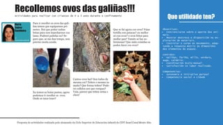 Para ir recoller os ovos das gali-
ñas temos que equiparnos pri-
meiro. Hai que poñer unhas
botas para non mancharnos coa
lama. Poderei poñelas eu? Se-
guro que, se me dan tempo, non
preciso moita axuda.
Xa temos as botas postas, agora
podemos ir recoller os ovos.
Onde os imos traer?
Cantos ovos hai? Son todos da
mesma cor? Teñen o mesmo ta-
maño? Que forma teñen? Pode-
rei collelos sen que rompan?
Vaia, parece que teñen xema e
clara!
Que se fai agora cos ovos? Faise
tortilla con patacas? ou mellor
só con ovos? e ovos fritos para
mollar pan? Tamén se fan so-
bremesas? Que máis comidas se
poden facer cos ovos?
Que utilidade ten?
Proposta de actividades realizada polo alumnado do Ciclo Superior de Educación infantil do CIFP Ánxel Casal Monte Alto
Actividades para realizar con crianzas de 0 a 3 anos durante o confinamento
1º
Educación infantil
Obxectivos:
Concienciarse sobre o aporte dos ani-•
mais.
Mostrar destreza e disposición na ex-•
ploración de materiais.
Controlar o corpo en movemento, adap-•
tando a resposta motriz ás dimensións
dos elementos do espazo.
Contidos:
Galiñas, fariña, millo, verdura,•
auga, caldeiro.
Coordinación óculo-manual.•
Satisfacción co labor realizado.•
Competencias:
Autonomía e iniciativa persoal•
Competencia social e cidadá•
Recollemos ovos das galiñas!!!
Marta
Suárez
Castiñeira
1º
Educación infantil
 