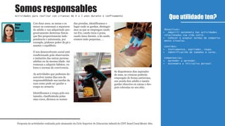 Con dous anos, as nenas e os
nenos xa comenzan a separarse
do adulto e van adquirindo pro-
gresivamente destrezas físicas
que lles proporcionarán inde-
pendencia e autonomía, por
exemplo, pódense poñer de pé e
manter o equilibrio.
O seu desenvolvento social está
condicionado pola observación
e imitación das outras persoas,
adultas ou da mesma idade. Así
comezan a adquirir hábitos, va-
lores e normas de convivencia.
As actividades que podemos de-
senvolver nestes días son de
responsabilidade nas tarefas da
casa como pode ser gardar a
roupa no armario.
Identificamos a roupa polo seu
tamaño, clasificámola polas
súas cores, dicimos os nomes
das prendas, identificamos o
lugar onde se gardan, distingui-
mos as que se empregan cando
vai frío, cando imos á praia,
cando imos durmir, a de cando
eramos máis pequenas, ...
Se dispoñemos dun aspirador
de man, as crianzas poderán
empregalo de forma autónoma,
sen axuda dun adulto e tamén
gardar obxectos en caixas e des-
pois colocalas no seu sitio.
Que utilidade ten?
Proposta de actividades realizada polo alumnado do Ciclo Superior de Educación infantil do CIFP Ánxel Casal Monte Alto
Actividades para realizar con crianzas de 0 a 3 anos durante o confinamento
1º
Educación infantil
Obxectivos:
Adquirir autonomía nas actividades•
relacionadas coa vida cotiá.
Coñecer e aceptar normas de comporta-•
mento sinxelas.
Contidos:
Instrumentos, aspirador, roupa.•
Identificación de tamaños e cores.•
Competencias:
Aprender a aprender.•
Autonomía e iniciativa persoal.•
Somos responsables
Irene
Díaz
Ocampo
1º
Educación infantil
 