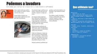 Esta é unha tarefa que podere-
mos realizar cos nenos e nenas
menores de 3 anos.
Nesta tarefa os nenos e as
nenas poden colaborar sen nin-
gún tipo de problema.
En primeiro lugar, pedimos aos
nenos e nenas da casa que nos
axuden a separar a roupa por
cores.
Ao mesmo tempo podemos
facer diferentes clasificacións,
como podería ser clasificar a
roupa segundo o membro da
unidade familiar á que pertence
ou por partes do corpo.
Posteriormente podemos pe-
dirlles que vaian introducindo a
roupa la lavadora, axudándolles
cando sexa necesario.
Unha vez teñamos a roupa me-
tida na lavadora, botarémoslle
nós o suavizante e o deterxente,
xa que a esas idades non é axei-
tado que o fagan eles, polo tipo
de produto do que se trata.
Despois podemos pedirlles que
pechen a porta da lavadora e in-
dicarlles a qué botóns lle teñen
que dar.
Por último, cando a lavadora
remate, pedimoslles que abran
a porta e saquen a roupa,
prenda por prenda e de ma-
neira ordenada.
Que utilidade ten?
Proposta de actividades realizada polo alumnado do Ciclo Superior de Educación infantil do CIFP Ánxel Casal Monte Alto
Actividades para realizar con crianzas de 0 a 3 anos durante o confinamento
1º
Educación infantil
Obxectivos:
Identificar as cores.•
Tomar conciencia do propio corpo,•
identificándoo global e segmentaria-
mente.
Adquirir destrezas e habilidades ma-•
nipulativas.
Adquirir autoestima esforzándose no•
desenvolvemento das actividades cotiás.
Contidos:
Roupa, cesta, lavadora, deterxente,•
suavizante.
Cores.•
Corpo.•
Introduce a roupa na lavadora.•
Saca a roupa da lavadora.•
Competencias:
Autonomía e iniciativa persoal.•
Aprender a aprender.•
Poñemos a lavadora
Ana
López
Martínez
 