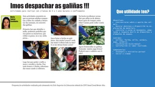 Esta actividade consistirá en
que as persoas adultas compar-
tan o labor do coidado e benes-
tar dos animais, en concreto
das galiñas.
Primeiro hai que debullar o
millo, podemos pedirlles que
nos pasen as mazarocas, que
collan os graos, un a un, unha
presa...
Logo hai que poñer o millo a
moer e recoller a fariña. Pon
todo branco, é finiña, esboróase
das mans cando a collemos.
Imos botar a fariña no gali-
ñeiro. Hai moita? pouca? onde
hai máis? Collerá toda na lata?
E se me deixas botar a min?
Na horta recollemos verzas.
Hai que pillar as de abaixo.
Serei quen de romper unha
folla? Cantas podo coller cunha
man?
Agora botámoslles ás galiñas.
Tomarán tamén auga fresca?
Poderei usar o caldeiro sen ti-
ralo?
Que utilidade ten?
Proposta de actividades realizada polo alumnado do Ciclo Superior de Educación infantil do CIFP Ánxel Casal Monte Alto
Actividades para realizar con crianzas de 0 a 3 anos durante o confinamento
1º
Educación infantil
Obxectivos:
Concienciarse sobre o aporte dos ani-•
mais.
Mostrar destreza e disposición na ex-•
ploración de materiais.
Controlar o corpo en movemento, adap-•
tando a resposta motriz ás dimensións e
elementos do espazo.
Contidos:
Galiñas, fariña, millo, verdura,•
auga, caldeiro.
Coordinación óculo-manual.•
Satisfacción co labor realizado.•
Competencias:
Autonomía e iniciativa persoal•
Social e cidadá•
Imos despachar as galiñas !!!
Marta
Suárez
Castiñeira
1º
Educación infantil
 