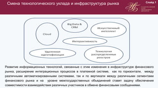 Смена технологического уклада и инфраструктура рынка
Развитие информационных технологий, связанные с этим изменения в инфраструктуре финансового
рынка, расширение интеграционных процессов в платежной системе, как по горизонтали, между
различными автоматизированными системами, так и по вертикали между различными сегментами
финансового рынка и на уровне межгосударственных объединений ставят задачу обеспечения
совместимости взаимодействия различных участников в обмене финансовыми сообщениями.
Слайд 1
 