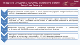 Внедрение методологии ISO 20022 в платежную систему
Республики Беларусь
I этап
• Переход банковской системы страны на использование международных номера банковского счета
(IBAN) и банковского идентификационного кода (BIC)
II этап
• Разработка нормативной правовой базы, регламентирующей порядок применения методологии
стандарта ISO 20022 в платежной системе страны, а также внесение изменений в действующие
нормативные правовые акты
III этап
• Разработка платежных документов и электронных сообщений, созданных в соответствии
с методологией ISO 20022 для платежной системы Республики Беларусь
IV этап
•Внедрение электронных платежных документов и электронных сообщений,
созданных в соответствии с методологией ISO 20022, в автоматизированную систему
межбанковских расчетов Национального банка и следом во внутрибанковские платежные системы
Слайд 7
 