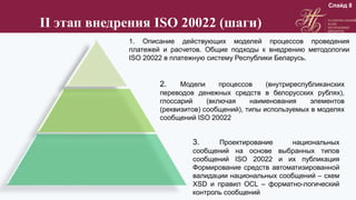II этап внедрения ISO 20022 (шаги)
1. Описание действующих моделей процессов проведения
платежей и расчетов. Общие подходы к внедрению методологии
ISO 20022 в платежную систему Республики Беларусь.
2. Модели процессов (внутриреспубликанских
переводов денежных средств в белорусских рублях),
глоссарий (включая наименования элементов
(реквизитов) сообщений), типы используемых в моделях
сообщений ISO 20022
3. Проектирование национальных
сообщений на основе выбранных типов
сообщений ISO 20022 и их публикация
Формирование средств автоматизированной
валидации национальных сообщений – схем
XSD и правил OCL – форматно-логический
контроль сообщений
Слайд 8
 
