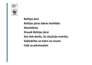 Baltijas jūra 
Baltijas jūras ūdens kvalitāte 
Ekosistēma 
Draudi Baltijas jūrai 
Kas tiek darīts, lai situāciju mainītu 
Sabiedrība un katrs no mums 
Ceļā uz pārmaiņām 
 