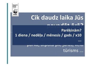 BJ Ekosistēmas kapacitāte un resursi 
Cik daudz laika Jūs 
pavadāt ārā? 
Parēķinām? 
1 diena / nedēļa / mēnesis / gads / x10 
Piedzīvojumi dabā, ... 
pastaigas 
parkā, atpūta pie jūras, velo 
tūrisms ... 
 