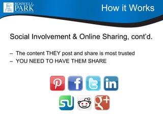 How it Works
Social Involvement & Online Sharing, cont’d.
– The content THEY post and share is most trusted
– YOU NEED TO HAVE THEM SHARE
 