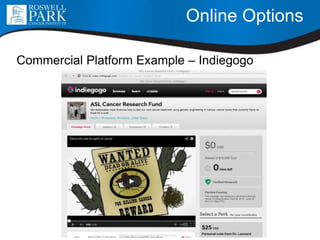 Online Options
Commercial Platform Example – Indiegogo
 