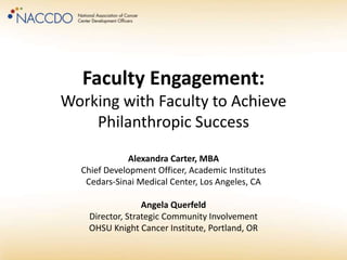 Faculty Engagement:
Working with Faculty to Achieve
Philanthropic Success
Alexandra Carter, MBA
Chief Development Officer, Academic Institutes
Cedars-Sinai Medical Center, Los Angeles, CA
Angela Querfeld
Director, Strategic Community Involvement
OHSU Knight Cancer Institute, Portland, OR
 