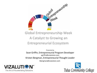 Global Entrepreneurship Week A Catalyst to Growing an Entrepreneurial Ecosystem  Presented by Sean Griffin, Entrepreneurial Program Developer [email_address] Kristen Bergman, Entrepreneurial Thought Leader [email_address]   