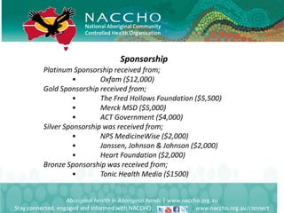 Aboriginal health in Aboriginal hands | www.naccho.org.au
Stay connected, engaged and informed with NACCHO www.naccho.org.au/connect
Sponsorship
Platinum Sponsorship received from;
• Oxfam ($12,000)
Gold Sponsorship received from;
• The Fred Hollows Foundation ($5,500)
• Merck MSD ($5,000)
• ACT Government ($4,000)
Silver Sponsorship was received from;
• NPS MedicineWise ($2,000)
• Janssen, Johnson & Johnson ($2,000)
• Heart Foundation ($2,000)
Bronze Sponsorship was received from;
• Tonic Health Media ($1500)
 