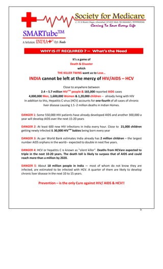 [Type text]




                                       It’s a game of
                                     Death & Disaster
                                            which
                            THE KILLER TWINS want us to Lose…
      INDIA cannot be left at the mercy of HIV/AIDS – HCV
                                   Close to anywhere between
               2.4 – 5.7 million HIV+ve people & 165,000 reported AIDS cases
      4,000,000 Men, 1,600,000 Women & 1,20,000 children -- already living with HIV
  In addition to this, Hepatitis C virus (HCV) accounts for one-fourth of all cases of chronic
                  liver disease causing 1.5 -2 million deaths in Indian Homes.


DANGER 1: Some 550,000 HIV patients have already developed AIDS and another 300,000 a
year will develop AIDS over the next 15-20 years

DANGER 2: At least 600 new HIV infections in India every hour. Close to 21,000 children
getting newly infected & 30,000 HIV+ve babies being born every year

DANGER 3: As per World Bank estimates India already has 2 million children – the largest
number AIDS orphans in the world-- expected to double in next five years.

DANGER 4: HCV or hepatitis C is known as "silent killer". Deaths from HCVare expected to
triple in the next 10-20 years. The death toll is likely to surpass that of AIDS and could
reach more than a million by 2020.

DANGER 5: About 18 million people in India — most of whom do not know they are
infected, are estimated to be infected with HCV. A quarter of them are likely to develop
chronic liver disease in the next 10 to 15 years.


              Prevention – is the only Cure against HIV/ AIDS & HCV!!




                                                                                                 5
 