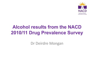 Alcohol results from the NACD
2010/11 Drug Prevalence Survey
Dr Deirdre Mongan
 