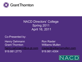 NACD Directors’ College Spring 2011 April 16, 2011  Co-Presented by: Henry OehmannGrant Thorntonhenry.oehmann@us.gt.com919.881.2773  Ron RaxterWilliams Mullenrraxter@williamsmullen.com919.981.4304 