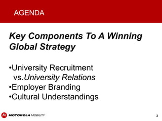 AGENDA


Key Components To A Winning
Global Strategy

•University Recruitment
 vs.University Relations
•Employer Branding
•Cultural Understandings

                              2
 
