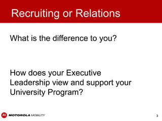 Recruiting or Relations

What is the difference to you?



How does your Executive
Leadership view and support your
University Program?

                                   3
 