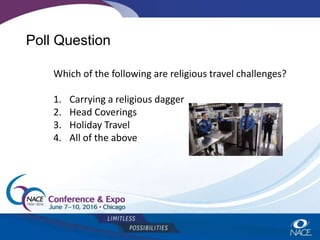 Poll Question
Which of the following are religious travel challenges?
1. Carrying a religious dagger
2. Head Coverings
3. Holiday Travel
4. All of the above
 