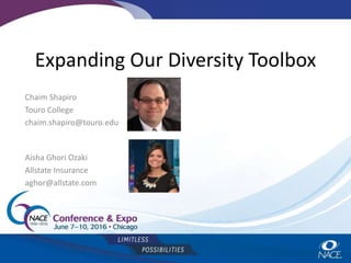 Expanding Our Diversity Toolbox
Chaim Shapiro
Touro College
chaim.shapiro@touro.edu
Aisha Ghori Ozaki
Allstate Insurance
aghor@allstate.com
 