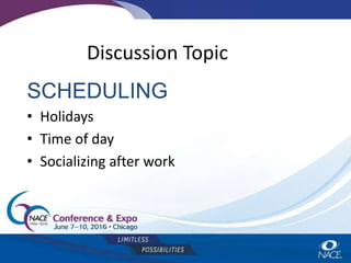 Discussion Topic
SCHEDULING
• Holidays
• Time of day
• Socializing after work
 