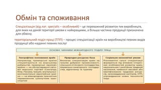Обмін та споживання
Спеціалізація (від лат. specialis – особливий) – це переважний розвиток тих виробництв,
для яких на даній території умови є найкращими, а більша частина продукції призначена
для обміну.
територіальний поділ праці (ТПП) – процес спеціалізації країн на виробництві певних видів
продукції або наданні певних послуг
 