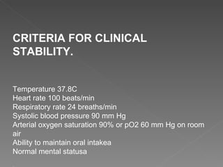 CRITERIA FOR CLINICAL STABILITY. Temperature 37.8C Heart rate 100 beats/min Respiratory rate 24 breaths/min Systolic blood pressure 90 mm Hg Arterial oxygen saturation 90% or pO2 60 mm Hg on room air Ability to maintain oral intakea Normal mental statusa . 