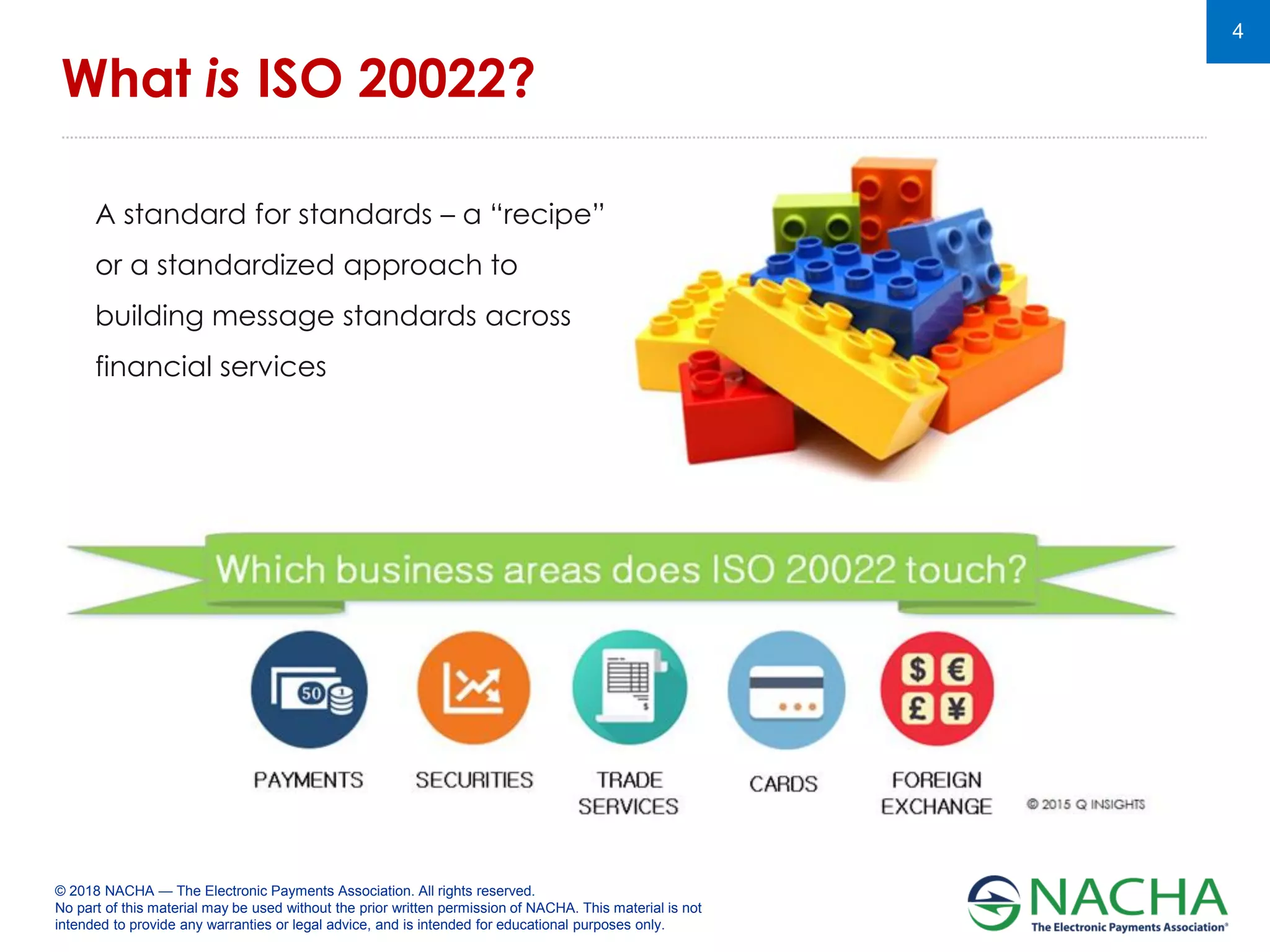 © 2018 NACHA — The Electronic Payments Association. All rights reserved.
No part of this material may be used without the prior written permission of NACHA. This material is not
intended to provide any warranties or legal advice, and is intended for educational purposes only.
4
What is ISO 20022?
A standard for standards – a “recipe”
or a standardized approach to
building message standards across
financial services
 