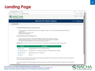 © 2018 NACHA — The Electronic Payments Association. All rights reserved.
No part of this material may be used without the prior written permission of NACHA. This material is not
intended to provide any warranties or legal advice, and is intended for educational purposes only.
20
Landing Page
 