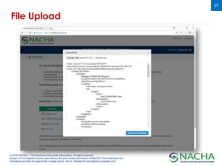© 2018 NACHA — The Electronic Payments Association. All rights reserved.
No part of this material may be used without the prior written permission of NACHA. This material is not
intended to provide any warranties or legal advice, and is intended for educational purposes only.
21
File Upload
 
