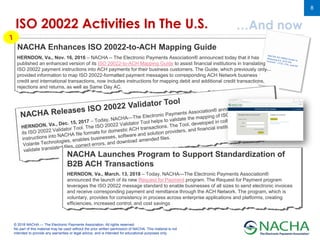© 2018 NACHA — The Electronic Payments Association. All rights reserved.
No part of this material may be used without the prior written permission of NACHA. This material is not
intended to provide any warranties or legal advice, and is intended for educational purposes only.
8
ISO 20022 Activities In The U.S. …And now
NACHA Enhances ISO 20022-to-ACH Mapping Guide
HERNDON, Va., Nov. 16, 2016 – NACHA – The Electronic Payments Association® announced today that it has
published an enhanced version of its ISO 20022-to-ACH Mapping Guide to assist financial institutions in translating
ISO 20022 payment instructions into ACH payments for their business customers. The Guide, which previously only
provided information to map ISO 20022-formatted payment messages to corresponding ACH Network business
credit and international transactions, now includes instructions for mapping debit and additional credit transactions,
rejections and returns, as well as Same Day AC.
HERNDON, Va., March. 13, 2018 – Today, NACHA—The Electronic Payments Association®
announced the launch of its new Request for Payment program. The Request for Payment program
leverages the ISO 20022 message standard to enable businesses of all sizes to send electronic invoices
and receive corresponding payment and remittance through the ACH Network. The program, which is
voluntary, provides for consistency in process across enterprise applications and platforms, creating
efficiencies, increased control, and cost savings
NACHA Launches Program to Support Standardization of
B2B ACH Transactions
 