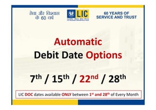 Automatic
Debit Date OptionsDebit Date Options
7th / 15th / 22nd / 28th
LIC DOC dates available ONLY between 1st and 28th of Every Month
 