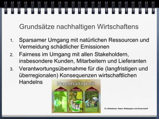 Grundsätze nachhaltigen Wirtschaftens
1.   Sparsamer Umgang mit natürlichen Ressourcen und
     Vermeidung schädlicher Emissionen
2.   Fairness im Umgang mit allen Stakeholdern,
     insbesondere Kunden, Mitarbeitern und Lieferanten
3.   Verantwortungsübernahme für die (langfristigen und
     überregionalen) Konsequenzen wirtschaftlichen
     Handelns



                                     Fa. Delleskamp Papier, Wellpappen und Schaumstoff
 