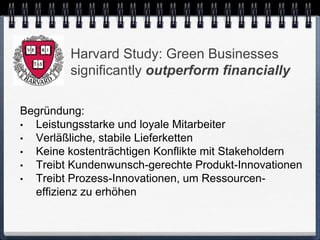 Harvard Study: Green Businesses
         significantly outperform financially

Begründung:
• Leistungsstarke und loyale Mitarbeiter
• Verläßliche, stabile Lieferketten
• Keine kostenträchtigen Konflikte mit Stakeholdern
• Treibt Kundenwunsch-gerechte Produkt-Innovationen
• Treibt Prozess-Innovationen, um Ressourcen-
  effizienz zu erhöhen
 