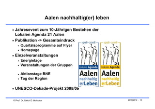Aalen nachhaltig(er) leben

 Jahresevent zum 10-Jährigen Bestehen der
  Lokalen Agenda 21 Aalen
 Publikation -> Gesamteindruck
       Quartalsprogramme auf Flyer
       Homepage
 Einzelveranstaltungen
       Energietage
       Veranstaltungen der Gruppen

       Aktionstage BNE
       Tag der Region

 UNESCO-Dekade-Projekt 2008/09


© Prof. Dr. Ulrich D. Holzbaur                                24/05/2012 - 18
 