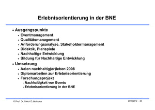Erlebnisorientierung in der BNE

 Ausgangspunkte
       Eventmanagement
       Qualitätsmanagement
       Anforderungsanalyse, Stakeholdermanagement
       Didaktik, Planspiele
       Nachhaltige Entwicklung
       Bildung für Nachhaltige Entwicklung
 Umsetzung
       Aalen nachhaltig(er)leben 2008
       Diplomarbeiten zur Erlebnisorientierung
       Forschungsprojekt
           Nachhaltigkeit von Events
           Erlebnisorientierung in der BNE




© Prof. Dr. Ulrich D. Holzbaur                             24/05/2012 - 23
 