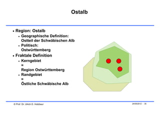 Ostalb


 Region: Ostalb
       Geographische Definition:
        Ostteil der Schwäbischen Alb
       Politisch:
        Ostwürttemberg
 Fraktale Definition
       Kerngebiet
        =
        Region Ostwürttemberg
       Randgebiet
        =
        Östliche Schwäbische Alb




© Prof. Dr. Ulrich D. Holzbaur              24/05/2012 - 35
 