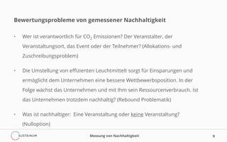 Bewertungsprobleme von gemessener Nachhaltigkeit
• Wer ist verantwortlich für CO2 Emissionen? Der Veranstalter, der
Veranstaltungsort, das Event oder der Teilnehmer? (Allokations- und
Zuschreibungsproblem)
• Die Umstellung von effizienten Leuchtmittelt sorgt für Einsparungen und
ermöglicht dem Unternehmen eine bessere Wettbewerbsposition. In der
Folge wächst das Unternehmen und mit Ihm sein Ressourcenverbrauch. Ist
das Unternehmen trotzdem nachhaltig? (Rebound Problematik)
• Was ist nachhaltiger: Eine Veranstaltung oder keine Veranstaltung?
(Nulloption)
Messung von Nachhaltigkeit 9
 