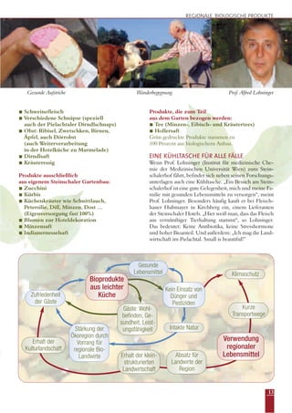 13
Intakte Natur
Klimaschutz
Kurze
Transportwege
Erhalt der klein-
strukturierten
Landwirtschaft
Verwendung
regionaler
Lebensmittel
Erhalt der
Kulturlandschaft
Gäste: Wohl-
befinden, Ge-
sundheit, Leist-
ungsfähigkeit
Kein Einsatz von
Dünger und
Pestiziden
Gesunde
Lebensmittel
Gesunde Aufstriche Prof. Alfred Lohninger
Schweinefleisch
Verschiedene Schnäpse (speziell
auch der Pielachtaler Dirndlschnaps)
Obst: Ribisel, Zwetschken, Birnen,
Äpfel, auch Dörrobst
(auch Weiterverarbeitung
in der Hotelküche zu Marmelade)
Dirndlsaft
Kräuteressig
Produkte ausschließlich
aus eigenem Steinschaler Gartenbau:
Zucchini
Kürbis
Küchenkräuter wie Schnittlauch,
Petersilie, Dill, Minzen, Dost …
(Eigenversorgung fast 100%)
Blumen zur Hoteldekoration
Minzensaft
Indianernesselsaft
Produkte, die zum Teil
aus dem Garten bezogen werden:
Tee (Minzen-, Eibisch- und Kräutertees)
Hollersaft
Grün gedruckte Produkte stammen zu
100 Prozent aus biologischem Anbau.
EINE KÜHLTASCHE FÜR ALLE FÄLLE
Wenn Prof. Lohninger (Institut für medizinische Che-
mie der Medizinischen Universität Wien) zum Stein-
schalerhof fährt, befindet sich neben seinen Forschungs-
unterlagen auch eine Kühltasche. „Ein Besuch am Stein-
schalerhof ist eine gute Gelegenheit, mich und meine Fa-
milie mit gesunden Lebensmitteln zu versorgen“, meint
Prof. Lohninger. Besonders häufig kauft er bei Fleisch-
hauer Hubmayer in Kirchberg ein, einem Lieferanten
der Steinschaler Hotels. „Hier weiß man, dass das Fleisch
aus vernünftiger Tierhaltung stammt“, so Lohninger.
Das bedeutet: Keine Antibiotika, keine Stresshormone
und hoher Bioanteil. Und außerdem: „Ich mag die Land-
wirtschaft im Pielachtal. Small is beautiful!”
REGIONALE, BIOLOGISCHE PRODUKTE
Wanderbegegnung
Bioprodukte
aus leichter
Küche
Stärkung der
Ökoregion durch
Vorrang für
regionale Bio-
Landwirte
Zufriedenheit
der Gäste
Absatz für
Landwirte der
Region
 