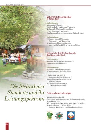 22
NaturhotelSteinschalerhof
inRabenstein
DieProfilierung:
Seminare und Klausuren
Familienurlauber im Sommer (Ferienzeit)
Wochenende: Wanderer, Moutainbiker
(wir liegen an der Alpentour),
Eisenbahnnostalgiker ( wir nutzen die Mariazellerbahn)
DieAusstattung:
71 Zimmer davon 12 Zimmer in
Dependance Haus Königswiese
16 Seminar- und Gruppenräume in
unterschiedlichen Größen ( von 30 bis 240 m2)
SteinschalerDörflinFrankenfels:
DasNaturhotelDörfl
DieProfilierung:
Seminare: das Steinschaler Klausurdörfl
Präsentationen und Incentives
DieAusstattung:
88 Zimmer (meist Doppelzimmer)
10 Seminarräume (von 28 bis 300m2)
4 Speiseräume und Stüberl
(insgesamt Platz für 320 Personen)
Veranstaltungssaal für 300 Personen
mit Pkw/Einfahrt
im Entstehen: neue Rezeption,
1.000 m2 Wellnessbereich
PreiseundAuszeichnungen:
Natur im Garten - Betrieb
Österreichisches Umweltzeichen für Tourismusbetriebe,
Grüne Haube 2004,
NÖ Cluster Award 2004: Sieger Beste Kooperationsidee‚
Nets Award auf der ITB 2005 Berlin:
Sieger der Kategorie Nachhaltiger Landtourismus‚
ZUKUNFT: GESUNDHEIT
Die Steinschaler
Standorte und ihr
Leistungsspektrum
 