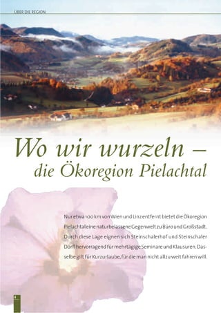 die Ökoregion Pielachtal
Nuretwa100kmvonWienundLinzentferntbietetdieÖkoregion
PielachtaleinenaturbelasseneGegenweltzuBüroundGroßstadt.
Durch diese Lage eignen sich Steinschalerhof und Steinschaler
DörflhervorragendfürmehrtägigeSeminareundKlausuren.Das-
selbegiltfürKurzurlaube,fürdiemannichtallzuweitfahrenwill.
4
Wo wir wurzeln –
ÜBER DIE REGION
 