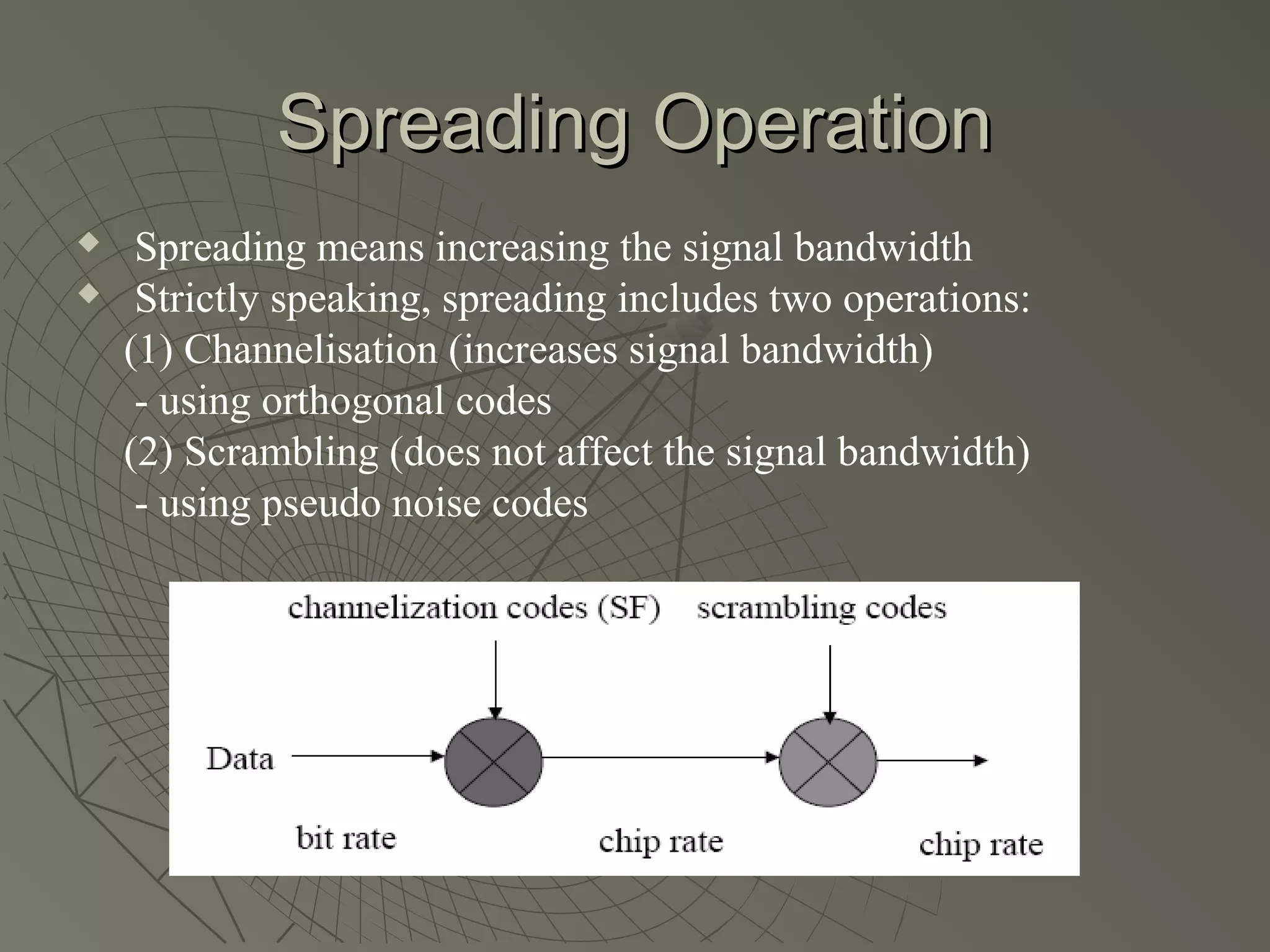 Spreading Operation
    Spreading means increasing the signal bandwidth
    Strictly speaking, spreading includes two operations:
    (1) Channelisation (increases signal bandwidth)
     - using orthogonal codes
    (2) Scrambling (does not affect the signal bandwidth)
     - using pseudo noise codes
 