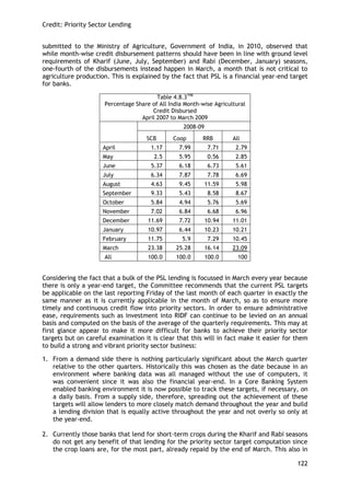 Credit: Priority Sector Lending 
122 
submitted to the Ministry of Agriculture, Government of India, in 2010, observed that while month-wise credit disbursement patterns should have been in line with ground level requirements of Kharif (June, July, September) and Rabi (December, January) seasons, one-fourth of the disbursements instead happen in March, a month that is not critical to agriculture production. This is explained by the fact that PSL is a financial year-end target for banks. 
Table 4.8.3198 
Percentage Share of All India Month-wise Agricultural Credit Disbursed 
April 2007 to March 2009 
2008-09 
SCB 
Coop 
RRB 
All 
April 
1.17 
7.99 
7.71 
2.79 
May 
2.5 
5.95 
0.56 
2.85 
June 
5.37 
6.18 
6.73 
5.61 
July 
6.34 
7.87 
7.78 
6.69 
August 
4.63 
9.45 
11.59 
5.98 
September 
9.33 
5.43 
8.58 
8.67 
October 
5.84 
4.94 
5.76 
5.69 
November 
7.02 
6.84 
6.68 
6.96 
December 
11.69 
7.72 
10.94 
11.01 
January 
10.97 
6.44 
10.23 
10.21 
February 
11.75 
5.9 
7.29 
10.45 
March 
23.38 
25.28 
16.14 
23.09 
All 
100.0 
100.0 
100.0 
100 
Considering the fact that a bulk of the PSL lending is focussed in March every year because there is only a year-end target, the Committee recommends that the current PSL targets be applicable on the last reporting Friday of the last month of each quarter in exactly the same manner as it is currently applicable in the month of March, so as to ensure more timely and continuous credit flow into priority sectors. In order to ensure administrative ease, requirements such as investment into RIDF can continue to be levied on an annual basis and computed on the basis of the average of the quarterly requirements. This may at first glance appear to make it more difficult for banks to achieve their priority sector targets but on careful examination it is clear that this will in fact make it easier for them to build a strong and vibrant priority sector business: 
1. From a demand side there is nothing particularly significant about the March quarter relative to the other quarters. Historically this was chosen as the date because in an environment where banking data was all managed without the use of computers, it was convenient since it was also the financial year-end. In a Core Banking System enabled banking environment it is now possible to track these targets, if necessary, on a daily basis. From a supply side, therefore, spreading out the achievement of these targets will allow lenders to more closely match demand throughout the year and build a lending division that is equally active throughout the year and not overly so only at the year-end. 
2. Currently those banks that lend for short-term crops during the Kharif and Rabi seasons do not get any benefit of that lending for the priority sector target computation since the crop loans are, for the most part, already repaid by the end of March. This also in  