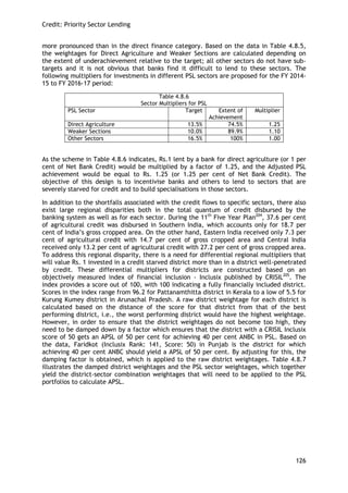 Credit: Priority Sector Lending 
126 
more pronounced than in the direct finance category. Based on the data in Table 4.8.5, the weightages for Direct Agriculture and Weaker Sections are calculated depending on the extent of underachievement relative to the target; all other sectors do not have sub- targets and it is not obvious that banks find it difficult to lend to these sectors. The following multipliers for investments in different PSL sectors are proposed for the FY 2014- 15 to FY 2016-17 period: 
Table 4.8.6 
Sector Multipliers for PSL 
PSL Sector 
Target 
Extent of Achievement 
Multiplier 
Direct Agriculture 
13.5% 
74.5% 
1.25 
Weaker Sections 
10.0% 
89.9% 
1.10 
Other Sectors 
16.5% 
100% 
1.00 
As the scheme in Table 4.8.6 indicates, Rs.1 lent by a bank for direct agriculture (or 1 per cent of Net Bank Credit) would be multiplied by a factor of 1.25, and the Adjusted PSL achievement would be equal to Rs. 1.25 (or 1.25 per cent of Net Bank Credit). The objective of this design is to incentivise banks and others to lend to sectors that are severely starved for credit and to build specialisations in those sectors. 
In addition to the shortfalls associated with the credit flows to specific sectors, there also exist large regional disparities both in the total quantum of credit disbursed by the banking system as well as for each sector. During the 11th Five Year Plan204, 37.6 per cent of agricultural credit was disbursed in Southern India, which accounts only for 18.7 per cent of India‘s gross cropped area. On the other hand, Eastern India received only 7.3 per cent of agricultural credit with 14.7 per cent of gross cropped area and Central India received only 13.2 per cent of agricultural credit with 27.2 per cent of gross cropped area. To address this regional disparity, there is a need for differential regional multipliers that will value Rs. 1 invested in a credit starved district more than in a district well-penetrated by credit. These differential multipliers for districts are constructed based on an objectively measured index of financial inclusion - Inclusix published by CRISIL205. The index provides a score out of 100, with 100 indicating a fully financially included district. Scores in the index range from 96.2 for Pattanamthitta district in Kerala to a low of 5.5 for Kurung Kumey district in Arunachal Pradesh. A raw district weightage for each district is calculated based on the distance of the score for that district from that of the best performing district, i.e., the worst performing district would have the highest weightage. However, in order to ensure that the district weightages do not become too high, they need to be damped down by a factor which ensures that the district with a CRISIL Inclusix score of 50 gets an APSL of 50 per cent for achieving 40 per cent ANBC in PSL. Based on the data, Faridkot (Inclusix Rank: 141, Score: 50) in Punjab is the district for which achieving 40 per cent ANBC should yield a APSL of 50 per cent. By adjusting for this, the damping factor is obtained, which is applied to the raw district weightages. Table 4.8.7 illustrates the damped district weightages and the PSL sector weightages, which together yield the district-sector combination weightages that will need to be applied to the PSL portfolios to calculate APSL. 
 
