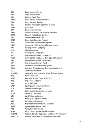xiii 
G2P 
Government to Person 
GBP 
Great Britain Pound 
GCC 
General Credit Card 
GDDP 
Gross District Domestic Product 
GDP 
Gross Domestic Product 
GIC 
General Insurance Corporation of India 
GNPA 
Gross NPA 
GOI 
Government of India 
GPFI 
Global Partnership for Financial Inclusion 
GPRS 
General Packet Radio Service 
GRC 
Grievance Redressal Cell 
GSDP 
Gross State Domestic Product 
GSE 
Government Sponsored Enterprises 
HDBS 
Horizontally Differentiated Banking System 
HFC 
Housing Finance Company 
HTM 
Held-to-Maturity 
IBA 
Indian Banks‘ Association 
IFC 
International Finance Corporation 
IGIDR 
Indira Gandhi Institute of Development Research 
IMD 
Indian Meteorological Department 
IMF 
International Monetary Fund 
IMPS 
Immediate Mobile Payment System 
IRDA 
Insurance Regulatory and Development Authority 
JLG 
Joint Liability Group 
JNNURM 
Jawaharlal Nehru National Urban Renewal Mission 
KCC 
Kisan Credit Card 
KGFS 
Kshetriya Gramin Financial Services 
KYC 
Know Your Customer 
LAB 
Local Area Bank 
LACP 
Los Angeles Community Policing 
LDM 
Lead District Manager 
LIC 
Life Insurance Corporation of India 
LOLR 
Lender of Last Resort 
LTA 
Land Titling Authorities 
MCA 
Ministry of Corporate Affairs 
MFI 
Microfinance Institution 
MITC 
Most Important Terms and Conditions 
MMMF 
Money Market Mutual Fund 
MSB 
Money Service Business 
MSME 
Micro, Small, and Medium Enterprises 
NABARD 
National Bank for Agriculture and Rural Development 
NAFSCOB 
National Federation of State Cooperative Banks  