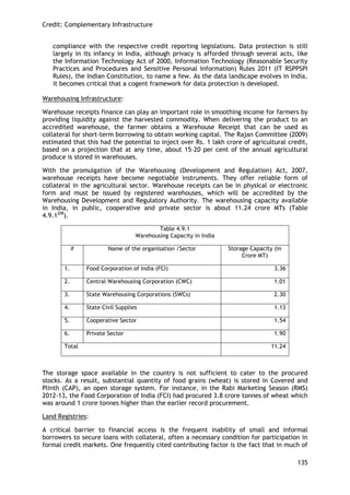 Credit: Complementary Infrastructure 
135 
compliance with the respective credit reporting legislations. Data protection is still largely in its infancy in India, although privacy is afforded through several acts, like the Information Technology Act of 2000, Information Technology (Reasonable Security Practices and Procedures and Sensitive Personal Information) Rules 2011 (IT RSPPSPI Rules), the Indian Constitution, to name a few. As the data landscape evolves in India, it becomes critical that a cogent framework for data protection is developed. 
Warehousing Infrastructure: 
Warehouse receipts finance can play an important role in smoothing income for farmers by providing liquidity against the harvested commodity. When delivering the product to an accredited warehouse, the farmer obtains a Warehouse Receipt that can be used as collateral for short-term borrowing to obtain working capital. The Rajan Committee (2009) estimated that this had the potential to inject over Rs. 1 lakh crore of agricultural credit, based on a projection that at any time, about 15–20 per cent of the annual agricultural produce is stored in warehouses. 
With the promulgation of the Warehousing (Development and Regulation) Act, 2007, warehouse receipts have become negotiable instruments. They offer reliable form of collateral in the agricultural sector. Warehouse receipts can be in physical or electronic form and must be issued by registered warehouses, which will be accredited by the Warehousing Development and Regulatory Authority. The warehousing capacity available in India, in public, cooperative and private sector is about 11.24 crore MTs (Table 4.9.1208). 
Table 4.9.1 
Warehousing Capacity in India 
# 
Name of the organisation /Sector 
Storage Capacity (in Crore MT) 
1. 
Food Corporation of India (FCI) 
3.36 
2. 
Central Warehousing Corporation (CWC) 
1.01 
3. 
State Warehousing Corporations (SWCs) 
2.30 
4. 
State Civil Supplies 
1.13 
5. 
Cooperative Sector 
1.54 
6. 
Private Sector 
1.90 
Total 
11.24 
The storage space available in the country is not sufficient to cater to the procured stocks. As a result, substantial quantity of food grains (wheat) is stored in Covered and Plinth (CAP), an open storage system. For instance, in the Rabi Marketing Season (RMS) 2012-13, the Food Corporation of India (FCI) had procured 3.8 crore tonnes of wheat which was around 1 crore tonnes higher than the earlier record procurement. 
Land Registries: 
A critical barrier to financial access is the frequent inability of small and informal borrowers to secure loans with collateral, often a necessary condition for participation in formal credit markets. One frequently cited contributing factor is the fact that in much of  