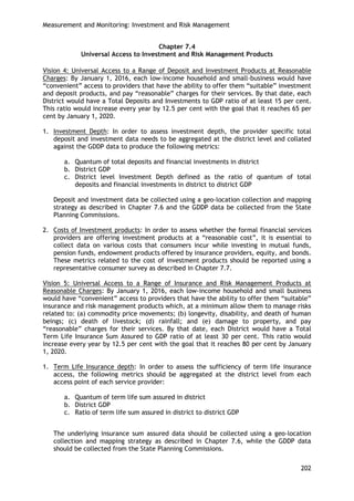 Measurement and Monitoring: Investment and Risk Management 
202 
Chapter 7.4 
Universal Access to Investment and Risk Management Products 
Vision 4: Universal Access to a Range of Deposit and Investment Products at Reasonable Charges: By January 1, 2016, each low-income household and small-business would have ―convenient‖ access to providers that have the ability to offer them ―suitable‖ investment and deposit products, and pay ―reasonable‖ charges for their services. By that date, each District would have a Total Deposits and Investments to GDP ratio of at least 15 per cent. This ratio would increase every year by 12.5 per cent with the goal that it reaches 65 per cent by January 1, 2020. 
1. Investment Depth: In order to assess investment depth, the provider specific total deposit and investment data needs to be aggregated at the district level and collated against the GDDP data to produce the following metrics: 
a. Quantum of total deposits and financial investments in district 
b. District GDP 
c. District level Investment Depth defined as the ratio of quantum of total deposits and financial investments in district to district GDP 
Deposit and investment data be collected using a geo-location collection and mapping strategy as described in Chapter 7.6 and the GDDP data be collected from the State Planning Commissions. 
2. Costs of Investment products: In order to assess whether the formal financial services providers are offering investment products at a ―reasonable cost‖, it is essential to collect data on various costs that consumers incur while investing in mutual funds, pension funds, endowment products offered by insurance providers, equity, and bonds. These metrics related to the cost of investment products should be reported using a representative consumer survey as described in Chapter 7.7. 
Vision 5: Universal Access to a Range of Insurance and Risk Management Products at Reasonable Charges: By January 1, 2016, each low-income household and small business would have ―convenient‖ access to providers that have the ability to offer them ―suitable‖ insurance and risk management products which, at a minimum allow them to manage risks related to: (a) commodity price movements; (b) longevity, disability, and death of human beings; (c) death of livestock; (d) rainfall; and (e) damage to property, and pay ―reasonable‖ charges for their services. By that date, each District would have a Total Term Life Insurance Sum Assured to GDP ratio of at least 30 per cent. This ratio would increase every year by 12.5 per cent with the goal that it reaches 80 per cent by January 1, 2020. 
1. Term Life Insurance depth: In order to assess the sufficiency of term life insurance access, the following metrics should be aggregated at the district level from each access point of each service provider: 
a. Quantum of term life sum assured in district 
b. District GDP 
c. Ratio of term life sum assured in district to district GDP 
The underlying insurance sum assured data should be collected using a geo-location collection and mapping strategy as described in Chapter 7.6, while the GDDP data should be collected from the State Planning Commissions.  