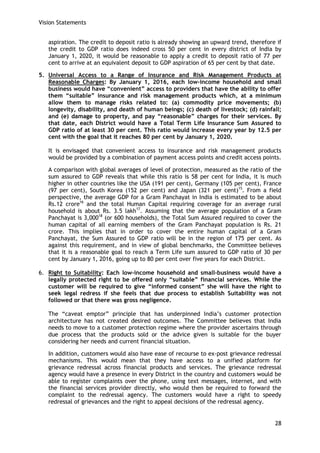 Vision Statements 
28 
aspiration. The credit to deposit ratio is already showing an upward trend, therefore if the credit to GDP ratio does indeed cross 50 per cent in every district of India by January 1, 2020, it would be reasonable to apply a credit to deposit ratio of 77 per cent to arrive at an equivalent deposit to GDP aspiration of 65 per cent by that date. 
5. Universal Access to a Range of Insurance and Risk Management Products at Reasonable Charges: By January 1, 2016, each low-income household and small business would have “convenient” access to providers that have the ability to offer them “suitable” insurance and risk management products which, at a minimum allow them to manage risks related to: (a) commodity price movements; (b) longevity, disability, and death of human beings; (c) death of livestock; (d) rainfall; and (e) damage to property, and pay “reasonable” charges for their services. By that date, each District would have a Total Term Life Insurance Sum Assured to GDP ratio of at least 30 per cent. This ratio would increase every year by 12.5 per cent with the goal that it reaches 80 per cent by January 1, 2020. 
It is envisaged that convenient access to insurance and risk management products would be provided by a combination of payment access points and credit access points. 
A comparison with global averages of level of protection, measured as the ratio of the sum assured to GDP reveals that while this ratio is 58 per cent for India, it is much higher in other countries like the USA (191 per cent), Germany (105 per cent), France (97 per cent), South Korea (152 per cent) and Japan (321 per cent)15. From a field perspective, the average GDP for a Gram Panchayat in India is estimated to be about Rs.12 crore16 and the total Human Capital requiring coverage for an average rural household is about Rs. 3.5 lakh17. Assuming that the average population of a Gram Panchayat is 3,00018 (or 600 households), the Total Sum Assured required to cover the human capital of all earning members of the Gram Panchayat population is Rs. 21 crore. This implies that in order to cover the entire human capital of a Gram Panchayat, the Sum Assured to GDP ratio will be in the region of 175 per cent. As against this requirement, and in view of global benchmarks, the Committee believes that it is a reasonable goal to reach a Term Life sum assured to GDP ratio of 30 per cent by January 1, 2016, going up to 80 per cent over five years for each District. 
6. Right to Suitability: Each low-income household and small-business would have a legally protected right to be offered only “suitable” financial services. While the customer will be required to give “informed consent” she will have the right to seek legal redress if she feels that due process to establish Suitability was not followed or that there was gross negligence. 
The ―caveat emptor‖ principle that has underpinned India‘s customer protection architecture has not created desired outcomes. The Committee believes that India needs to move to a customer protection regime where the provider ascertains through due process that the products sold or the advice given is suitable for the buyer considering her needs and current financial situation. 
In addition, customers would also have ease of recourse to ex-post grievance redressal mechanisms. This would mean that they have access to a unified platform for grievance redressal across financial products and services. The grievance redressal agency would have a presence in every District in the country and customers would be able to register complaints over the phone, using text messages, internet, and with the financial services provider directly, who would then be required to forward the complaint to the redressal agency. The customers would have a right to speedy redressal of grievances and the right to appeal decisions of the redressal agency. 
 