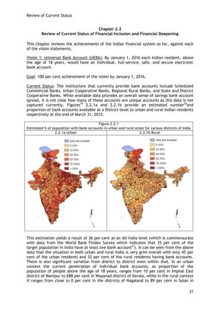 Review of Current Status 
31 
Chapter 2.2 
Review of Current Status of Financial Inclusion and Financial Deepening 
This chapter reviews the achievements of the Indian financial system so far, against each of the vision statements. 
Vision 1: Universal Bank Account (UEBA): By January 1, 2016 each Indian resident, above the age of 18 years, would have an individual, full-service, safe, and secure electronic bank account. 
Goal: 100 per cent achievement of the vision by January 1, 2016. 
Current Status: The institutions that currently provide bank accounts include Scheduled Commercial Banks, Urban Cooperative Banks, Regional Rural Banks, and State and District Cooperative Banks. While available data provides an overall sense of savings bank account spread, it is not clear how many of these accounts are unique accounts as this data is not captured currently. Figures19 2.2.1a and 2.2.1b provide an estimated number20and proportion of bank accounts available at a District level to urban and rural Indian residents respectively at the end of March 31, 2012. 
Figure 2.2.1 
Estimated % of population with bank accounts in urban and rural areas for various districts of India 
2.2.1a Urban 
2.2.1b Rural 
This estimation yields a result of 36 per cent at an All-India level (which is commensurate with data from the World Bank Findex Survey which indicates that 35 per cent of the target population in India have at least one bank account21). It can be seen from the above data that the situation in both urban and rural India is very grim overall with only 45 per cent of the urban residents and 32 per cent of the rural residents having bank accounts. There is also significant variation from district to district even within that. In an urban context the current penetration of individual bank accounts, as proportion of the population of people above the age of 18 years, ranges from 10 per cent in Imphal East district of Manipur to 688 per cent in Wayanad district of Kerala, while in the rural context it ranges from close to 0 per cent in the districts of Nagaland to 89 per cent in Solan in  