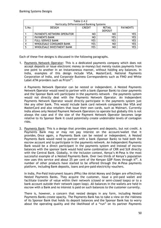 Banking Systems Designs 
50 
Table 2.4.2 
Vertically Differentiated Banking Systems 
S.No: 
DESIGN 
CREDIT 
RETAIL DEPOSIT 
PAYMENTS 
1 
PAYMENTS NETWORK OPERATOR 
NO 
NO 
YES 
2 
PAYMENTS BANK 
NO 
YES 
YES 
3 
FULL-SERVICE BANK 
YES 
YES 
YES 
4 
WHOLESALE CONSUMER BANK 
YES 
NO 
YES 
5 
WHOLESALE INVESTMENT BANK 
YES 
NO 
YES 
Each of these five designs is discussed in the following paragraphs. 
1. Payments Network Operator: This is a dedicated payments company which does not accept deposits or issue electronic money (e-money) but merely routes payments from one point to another in an instantaneous manner, without holding any balances. In India, examples of this design include VISA, MasterCard, National Payments Corporation of India, and Corporate Business Correspondents such as FINO and White Label ATM providers such as Prizm63. 
A Payments Network Operator can be nested or independent. A Nested Payments Network Operator would need to partner with a bank (Sponsor Bank) to clear payments and the Sponsor Bank will participate in the payments network – the payments system would not directly deal with the Payments Network Operator. An Independent Payments Network Operator would directly participate in the payments system just like any other bank. This would include bank card network companies like VISA and MasterCard and also retailers that issue their own cards, such as Walmart. Currently India allows only Nested Payment Network Operators to operate but globally this is not always the case and if the size of the Payment Network Operator becomes large relative to its Sponsor Bank it could potentially create undesirable levels of contagion risks. 
2. Payments Bank: This is a design that provides payment and deposits, but not credit. A Payments Bank may or may not pay interest on the account/wallet that it provides. Once again, a Payments Bank can be nested or independent. A Nested Payments Bank would need to partner with a bank (Sponsor Bank) to hold both the escrow account and to participate in the payments network. An Independent Payments Bank would be a direct participant in the payments system and instead of escrow balances with the sponsor bank would hold some combination of CRR and SLR directly with the Central Bank. Globally, in the inclusion context, Kenya‘s M-Pesa is the most successful example of a Nested Payments Bank. Over two thirds of Kenya‘s population now uses this service and about 25 per cent of the Kenyan GDP flows through it64. A number of other products have started to be offered through the M-Pesa payments platform, including Bank deposits, loans and pre-paid electricity vouchers. 
In India, Pre-Paid Instrument Issuers (PPIs) like Airtel Money and Oxigen are effectively Nested Payments Banks. They acquire the customer, issue a pre-paid wallet and facilitate transfer of value within their network (closed or semi-closed loops) or to a bank account outside their network (open loop). All balances in the wallets are held in escrow with a Bank and no interest is paid on such balances to the customer currently. 
There is, however, a concern that nested designs in any form, including Nested Payments Banks create opacity. The Payments Bank has to take a view on the riskiness of its Sponsor Bank that holds its deposit balances and the Sponsor Bank has to worry about the operating quality and the likelihood of a ―run‖ on its partner Payments  