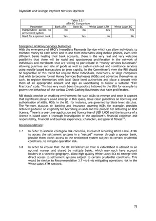 Payments and Savings: Payment Network Operator 
73 
Table 3.5.1 
ATM-BC Comparison 
Parameter 
Bank ATM 
Bank BC 
White Label ATM 
White Label BC 
Independent access to settlement system 
No 
No 
Yes 
Yes 
Need for a sponsor bank 
Yes 
Yes 
No 
No 
Emergence of Money Services Businesses 
With the emergence of NPCI‘s Immediate Payments Service which can allow individuals to transmit money to each other and to and from merchants using mobile phones, even with different banks hosting their bank accounts, there is the very real and very welcome possibility that there will be rapid and spontaneous proliferation in the network of individuals and merchants that are willing to participate in ―money services businesses‖ allowing purchase and sale of goods as well as cash-in-cash-out and remittance services using mobile based transactions to grow rapidly. In the Committee‘s view the RBI should be supportive of this trend but require those individuals, merchants, or large companies that wish to become formal Money Services Businesses (MSBs) and advertise themselves as such, to register themselves with local State level authorities and place a deposit with them of an appropriate amount and sign an undertaking to follow a suitable ―Fair Practices‖ code. This has very much been the practice followed in the USA for example to govern the behaviour of the various Check-Cashing Businesses that have proliferated. RBI should provide an enabling environment for such MSBs to emerge and once it appears that significant players could emerge in this space, issue clear guidelines on licensing and authorisation of MSBs. MSBs in the US, for instance, are governed by State level statutes. The Vermont statutes on banking and insurance covering MSBs for example, provides detailed guidance on eligibility for becoming an MSB and the process for obtaining an MSB licence. There is a one-time application and licence fee of USD 1,000 and the issuance of a licence is based upon a thorough investigation of the applicant‘s financial condition and responsibility, financial and business experience, character, and general fitness112. 
Recommendations: 
3.7 In order to address contagion risk concerns, instead of requiring White Label ATMs to access the settlement systems in a ―nested‖ manner through a sponsor bank, provide them direct access to the settlement system subject to certain prudential conditions, to mitigate operation risk. 
3.8 In order to ensure that the BC infrastructure that is established is utilised in an optimal manner and shared by multiple banks, which may each have account holders in a specific geography, allow high-quality White Label BCs to emerge with direct access to settlement systems subject to certain prudential conditions. This would be similar to Recommendation 3.7 vis-à-vis mitigating operations risk in the White Label ATM network. 
 