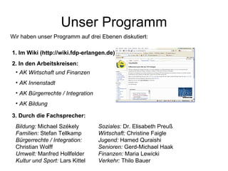 Unser Programm Wir haben unser Programm auf drei Ebenen diskutiert: 1. Im Wiki (http://wiki.fdp-erlangen.de) 2. In den Arbeitskreisen: 3. Durch die Fachsprecher: AK Wirtschaft und Finanzen AK Innenstadt AK Bürgerrechte / Integration AK Bildung Bildung:  Michael Székely Familien:  Stefan Tellkamp Bürgerrechte / Integration:  Christian Wolff Umwelt:  Manfred Hollfelder Kultur und Sport:  Lars Kittel Soziales:  Dr. Elisabeth Preuß Wirtschaft:  Christine Faigle Jugend:  Hamed Quraishi Senioren:  Gerd-Michael Haak Finanzen:  Maria Lewicki Verkehr:  Thilo Bauer 
